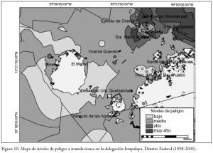 Mapa de niveles de peligro a inundaciones. Fuente: Instituto de Investigaciones Geoghráficas. UNAM
