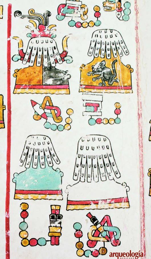  Los volcanes La Malinche e Iztaccíhuatl (abajo), y Popocatépetl y Pico de Orizaba (arriba). Códice Vindobonensis, p. 39. Reprografía: Boris De Swan / Raíces